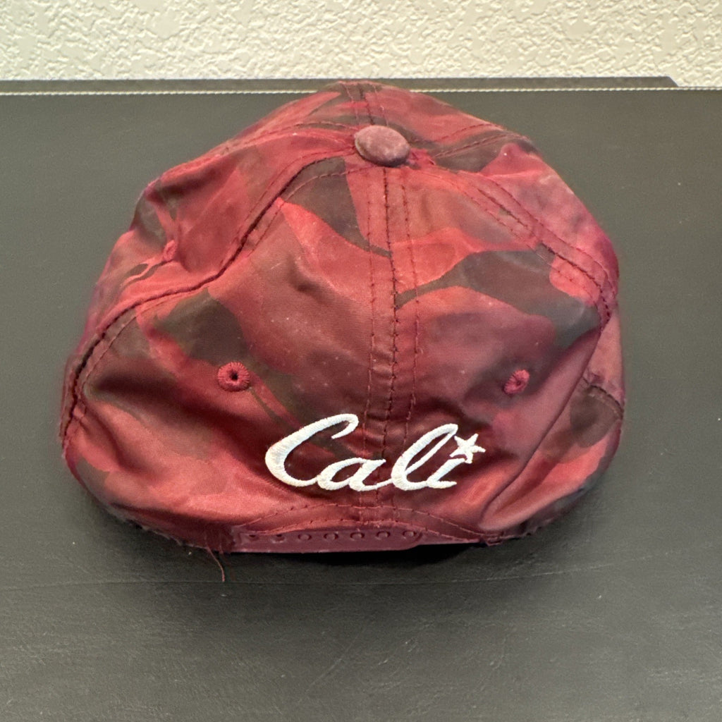 Red and burgundy camo snapback hat with white 3D embroidered Cali script logo