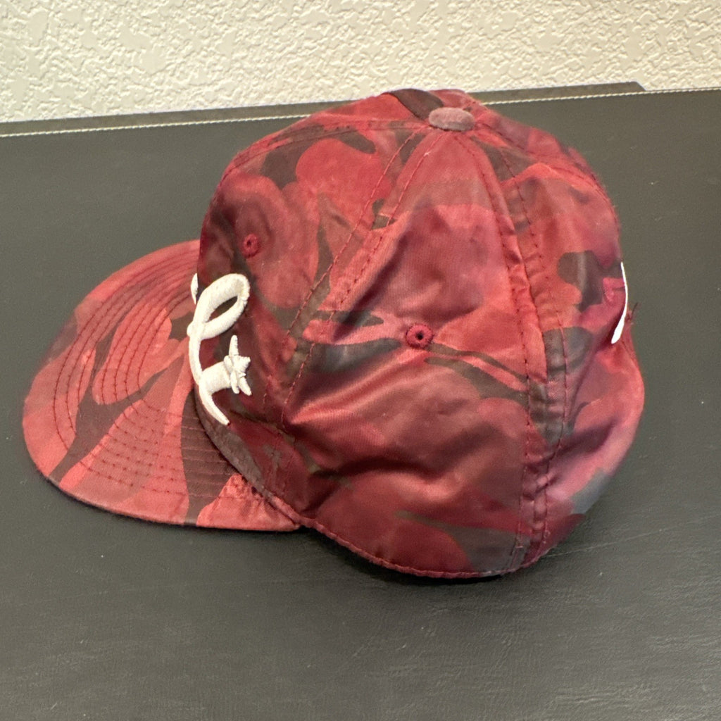 Red and burgundy camo snapback hat with white 3D embroidered Cali script logo