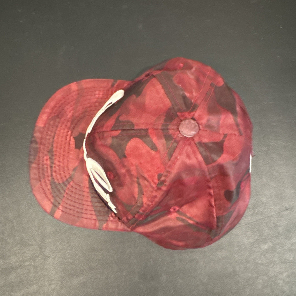 Red and burgundy camo snapback hat with white 3D embroidered Cali script logo