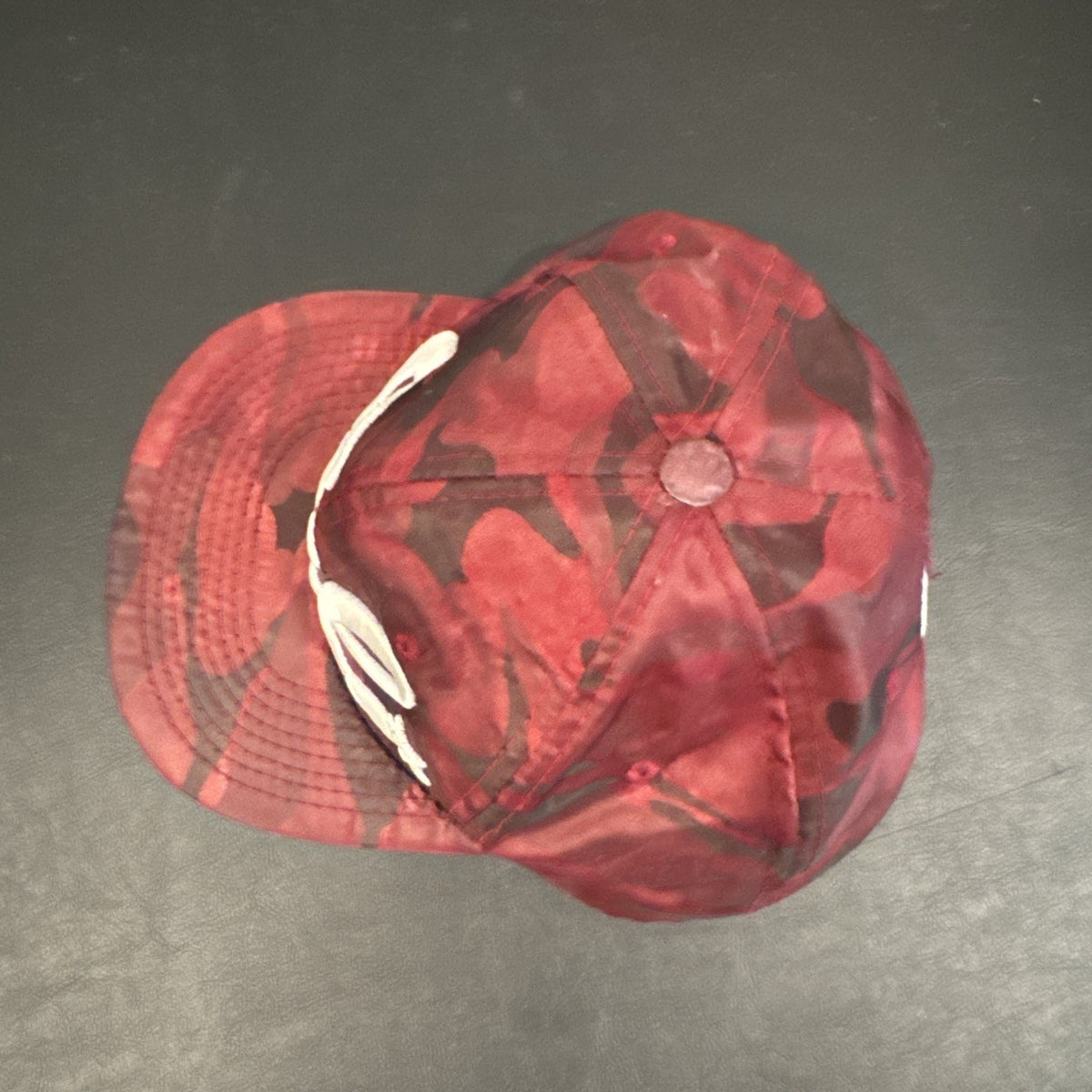 Red and burgundy camo snapback hat with white 3D embroidered Cali script logo