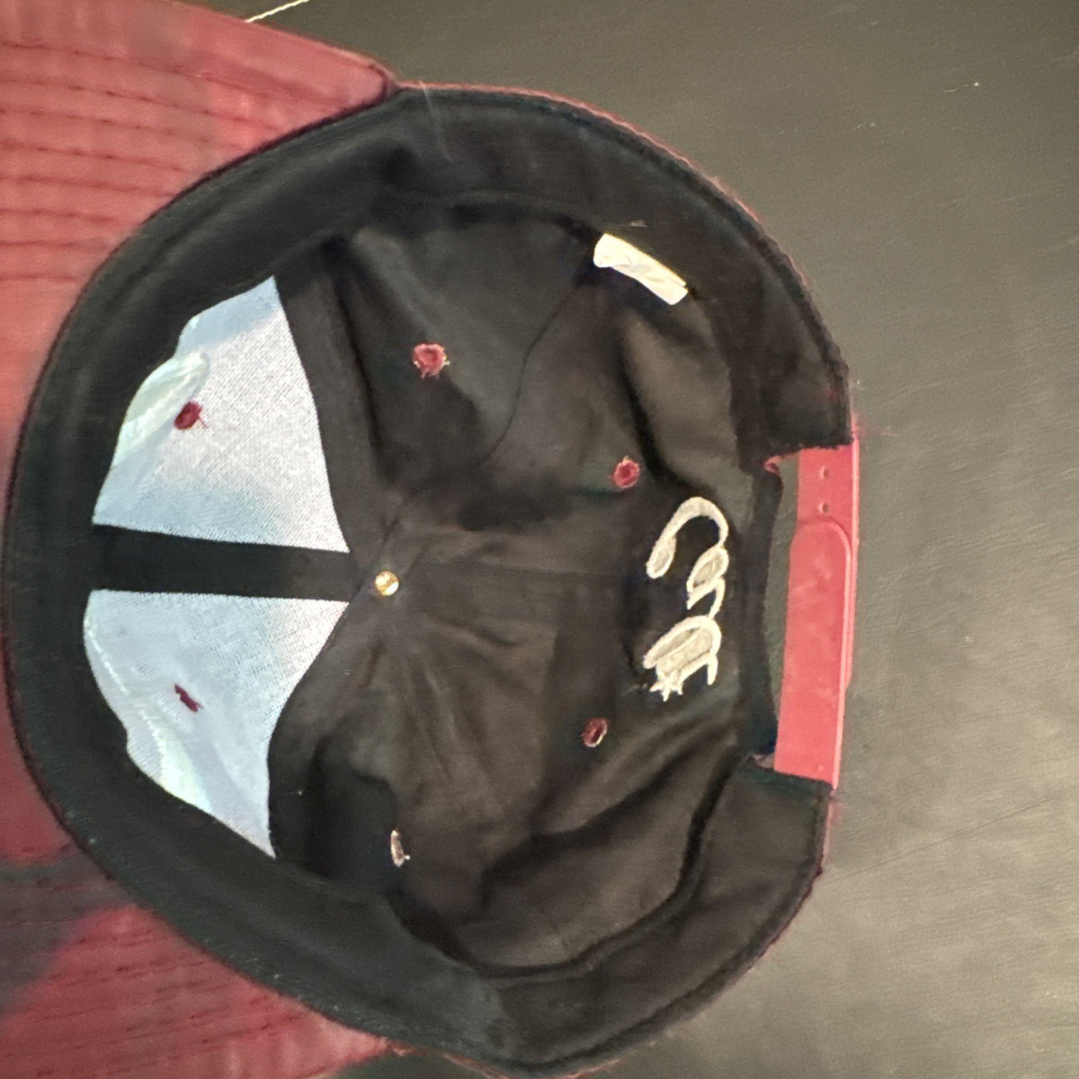 Red and burgundy camo snapback hat with white 3D embroidered Cali script logo