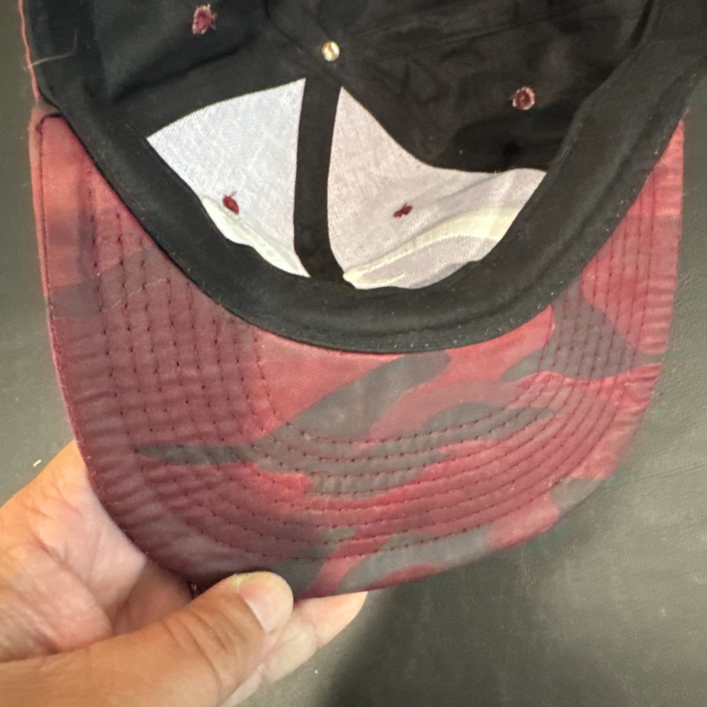 Red and burgundy camo snapback hat with white 3D embroidered Cali script logo