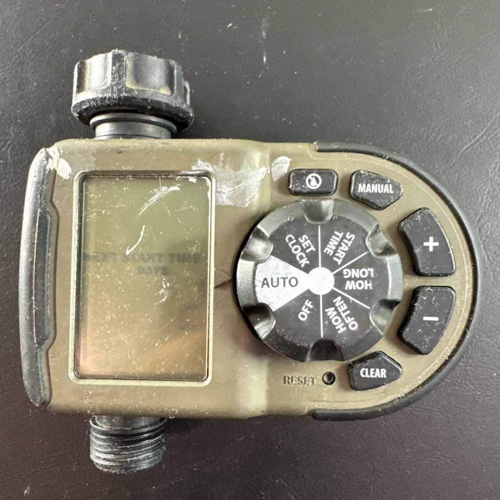 Orbit 1-Outlet Simple Hose Faucet Timer Model 56619 featuring oversized dial and brass connection fitting.