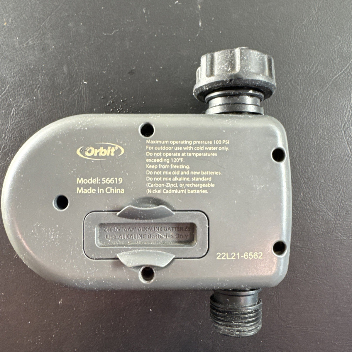 Orbit 1-Outlet Simple Hose Faucet Timer Model 56619 featuring oversized dial and brass connection fitting.