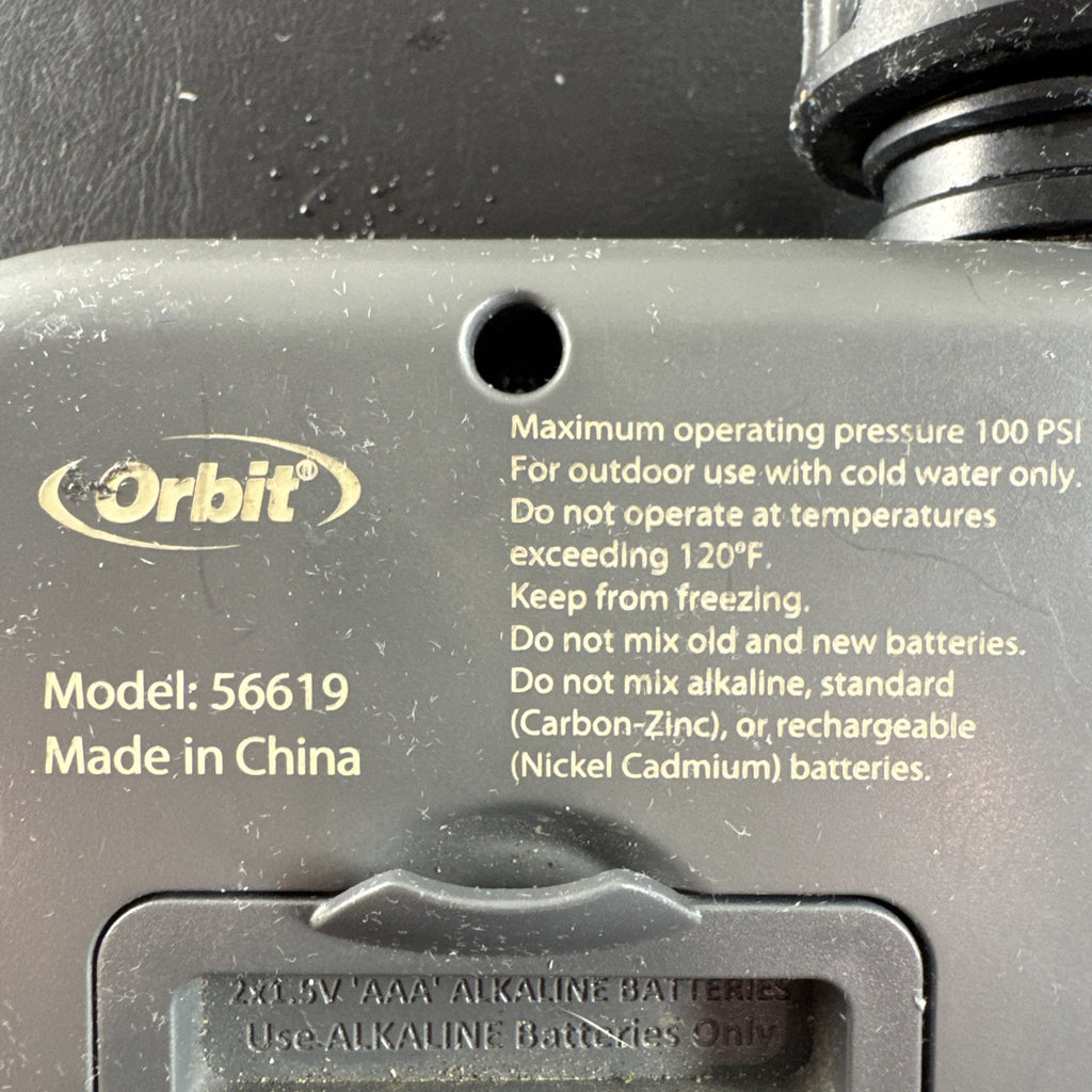 Orbit 1-Outlet Simple Hose Faucet Timer Model 56619 featuring oversized dial and brass connection fitting.