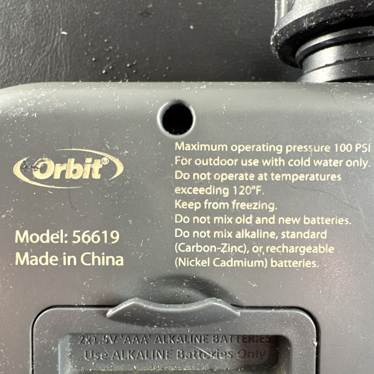Orbit 1-Outlet Simple Hose Faucet Timer Model 56619 featuring oversized dial and brass connection fitting.
