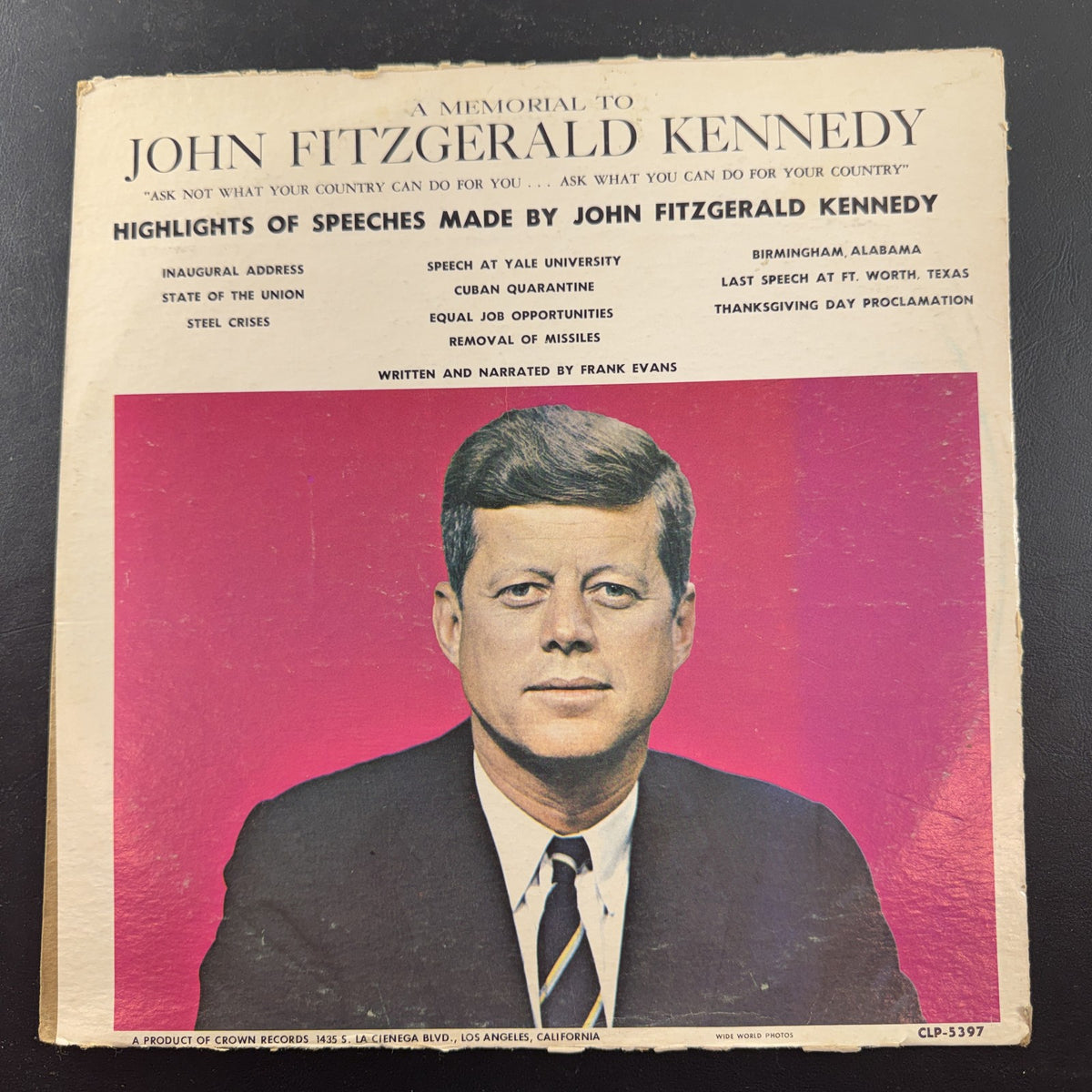1963 John F. Kennedy Memorial Speeches 12-inch vinyl LP record on Crown Records