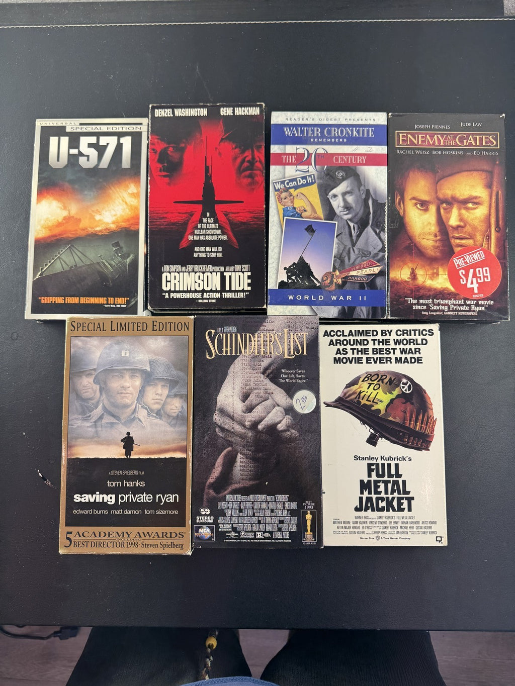 Lot of 7 war movie VHS tapes including Saving Private Ryan, Full Metal Jacket, and Schindler's List
