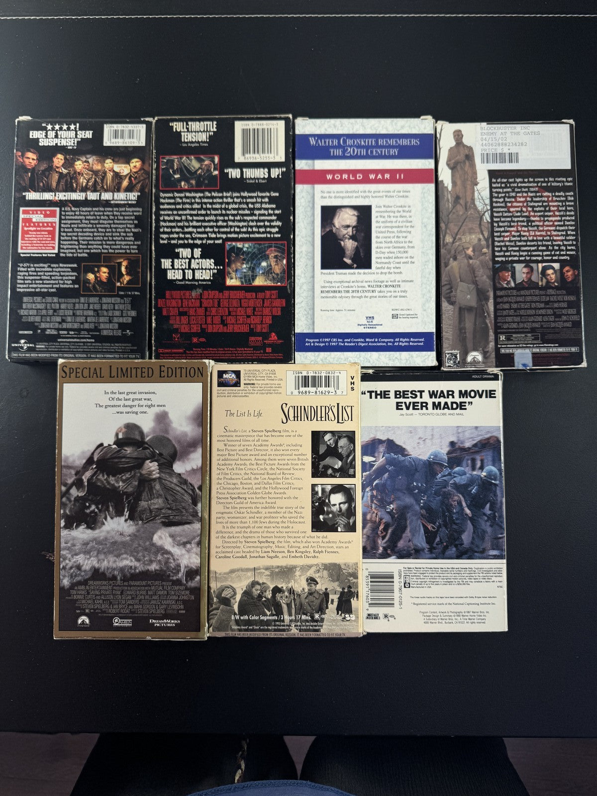 Lot of 7 war movie VHS tapes including Saving Private Ryan, Full Metal Jacket, and Schindler's List