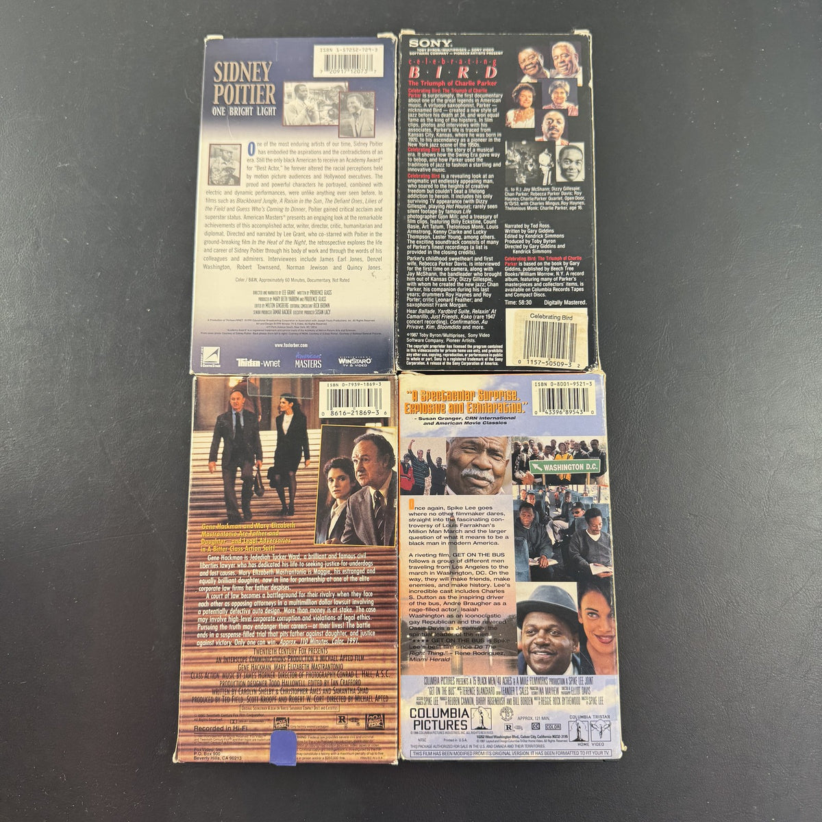 Bundle of 4 drama and biography VHS tapes including Spike Lee's Get on the Bus and Charlie Parker documentary.