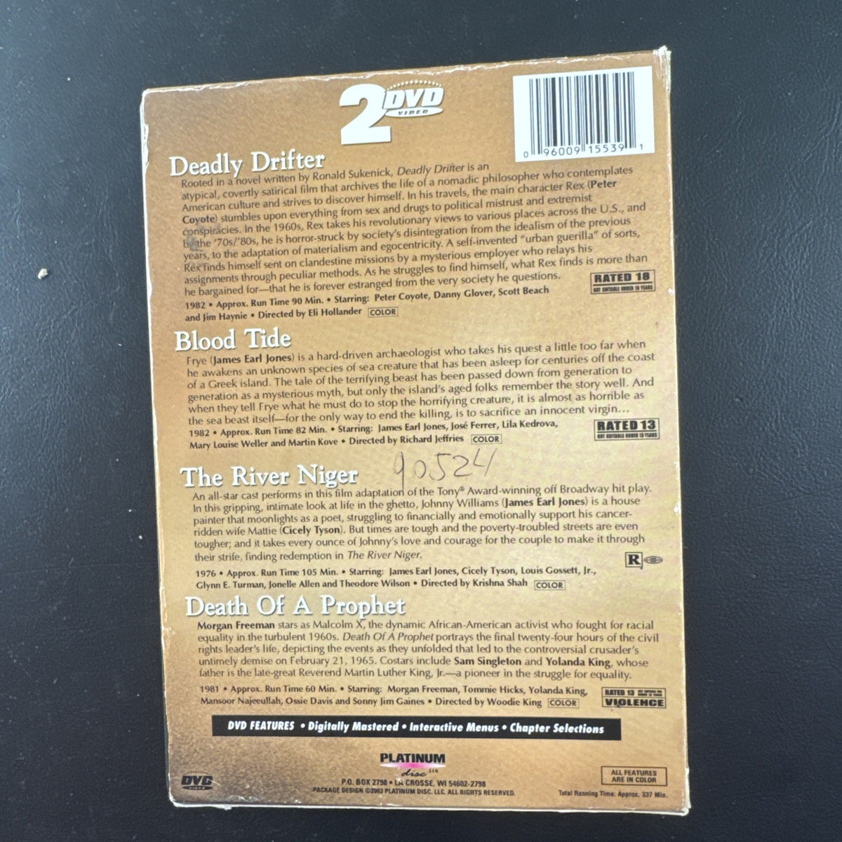 Four-movie DVD collection featuring Blood Tide, Deadly Drifter, The River Niger, and Death of a Prophet.