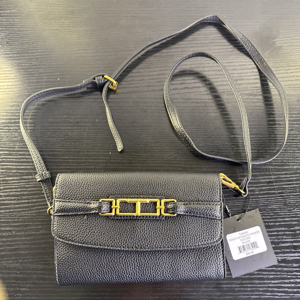 Tahari black pebbled faux leather crossbody bag with goldtone chain accent and magnetic flap closure