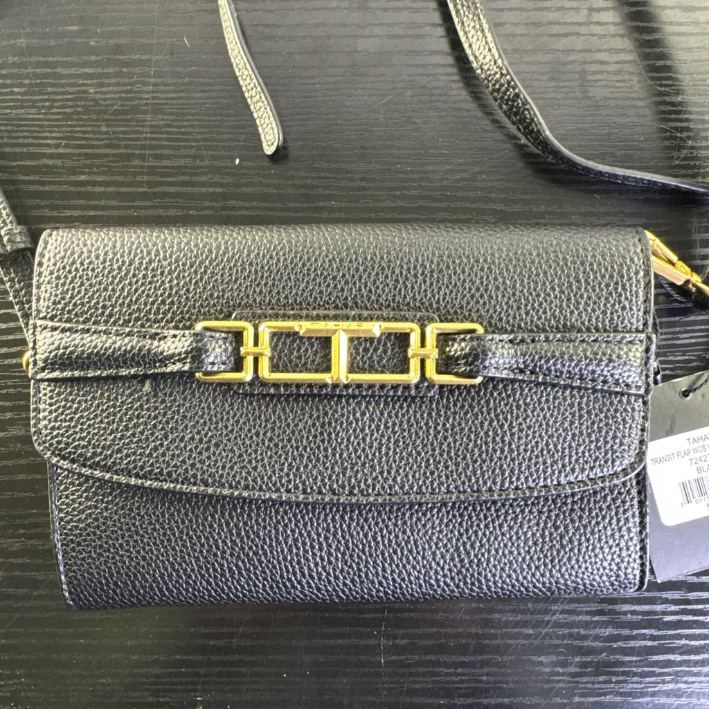 Tahari black pebbled faux leather crossbody bag with goldtone chain accent and magnetic flap closure