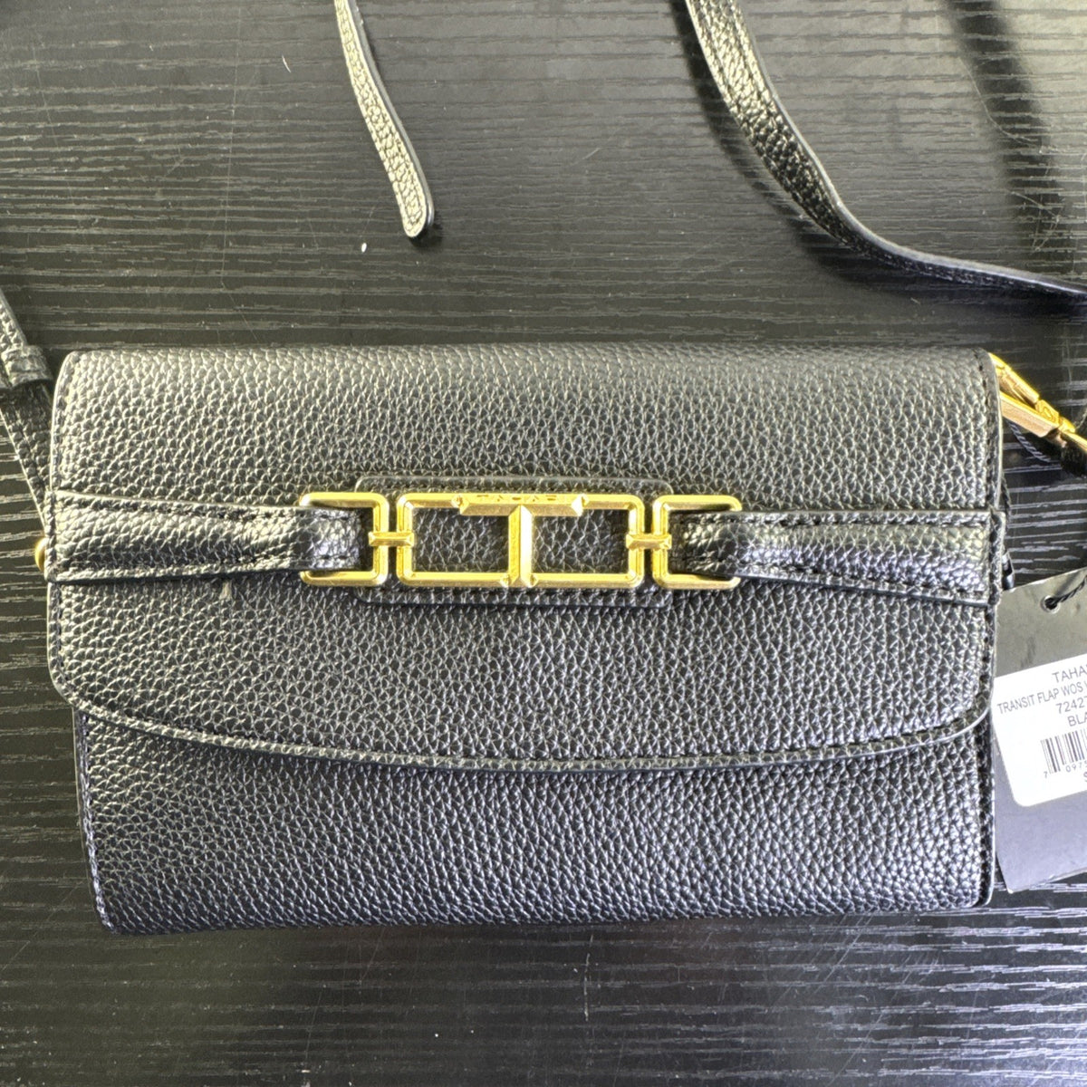 Tahari black pebbled faux leather crossbody bag with goldtone chain accent and magnetic flap closure