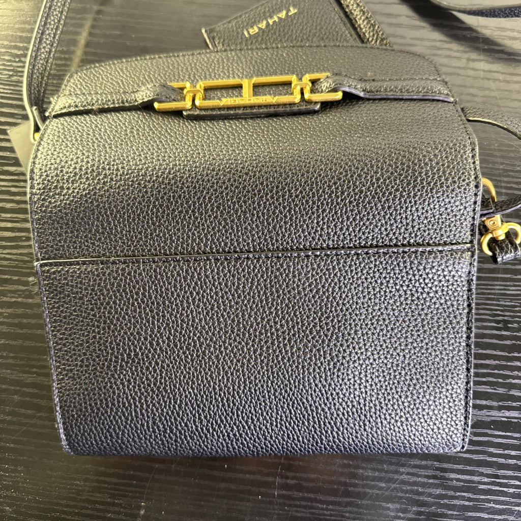 Tahari black pebbled faux leather crossbody bag with goldtone chain accent and magnetic flap closure
