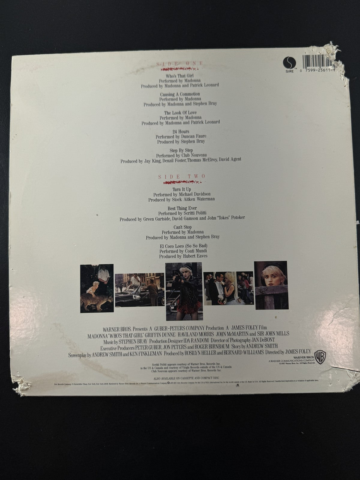 Madonna Who's That Girl 1987 soundtrack vinyl LP on Sire Records showing album cover and disc