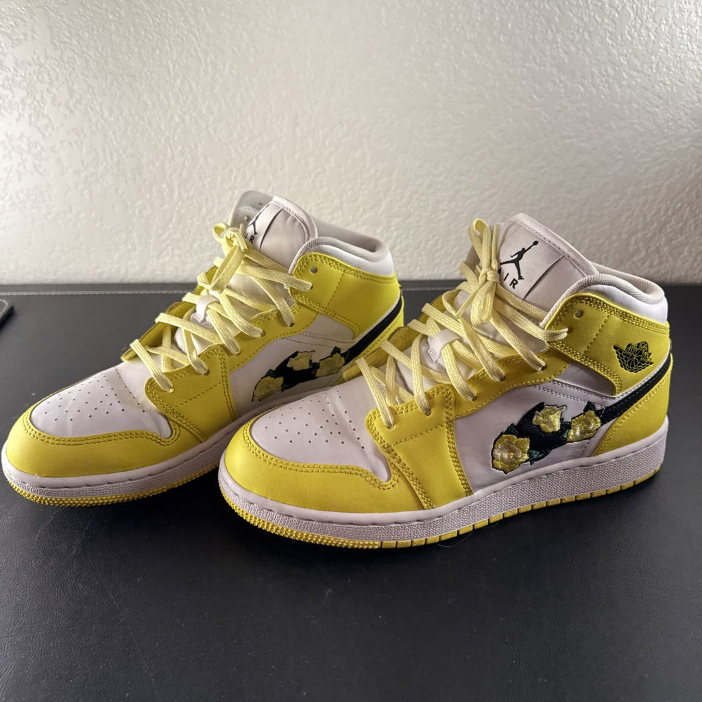 Nike Air Jordan 1 Mid SE GS Rose Patch sneakers in Dynamic Yellow leather, kids size 6Y.