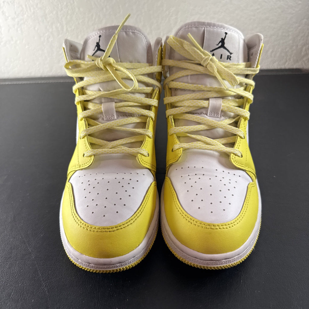 Nike Air Jordan 1 Mid SE GS Rose Patch sneakers in Dynamic Yellow leather, kids size 6Y.