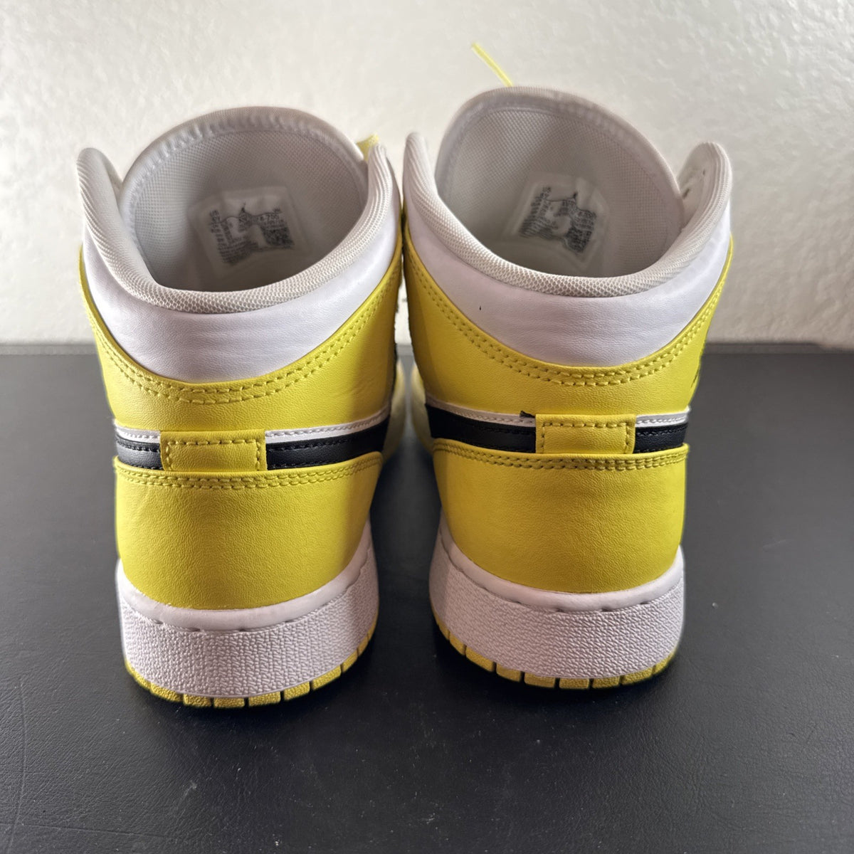 Nike Air Jordan 1 Mid SE GS Rose Patch sneakers in Dynamic Yellow leather, kids size 6Y.