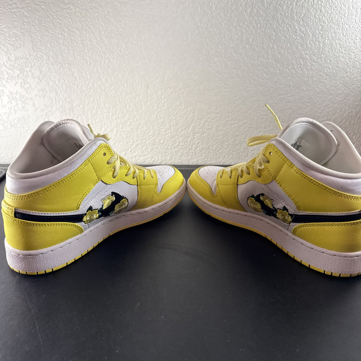 Nike Air Jordan 1 Mid SE GS Rose Patch sneakers in Dynamic Yellow leather, kids size 6Y.