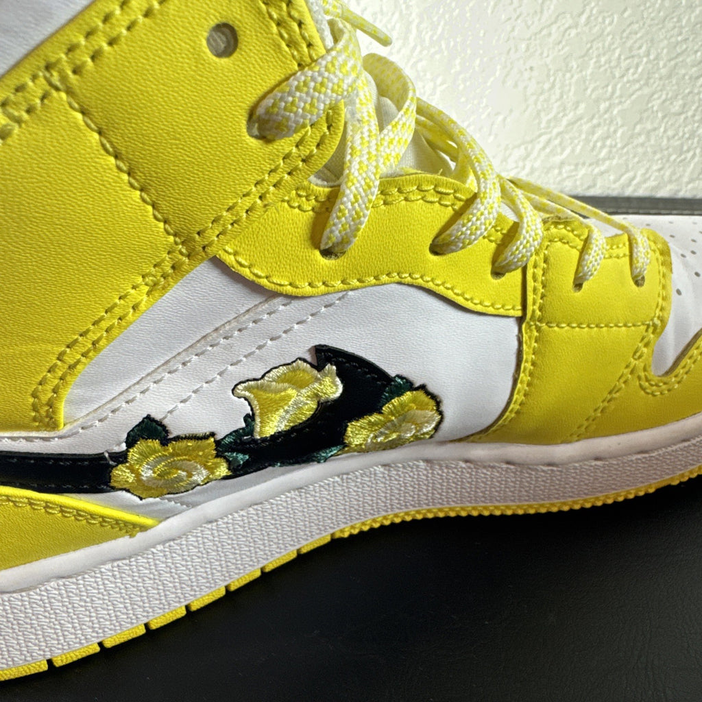 Nike Air Jordan 1 Mid SE GS Rose Patch sneakers in Dynamic Yellow leather, kids size 6Y.