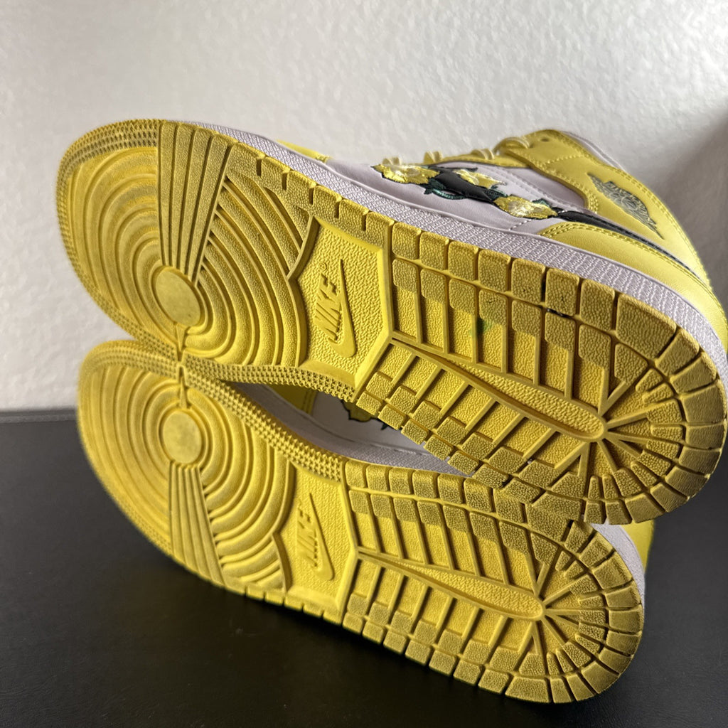 Nike Air Jordan 1 Mid SE GS Rose Patch sneakers in Dynamic Yellow leather, kids size 6Y.