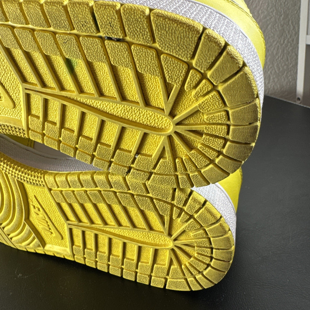 Nike Air Jordan 1 Mid SE GS Rose Patch sneakers in Dynamic Yellow leather, kids size 6Y.