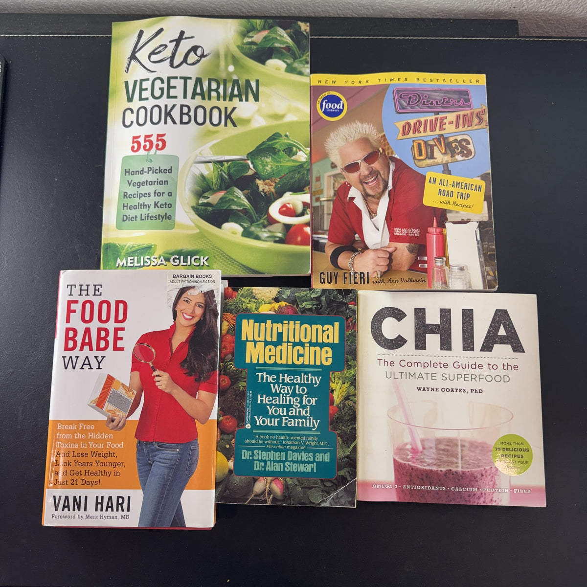 Set of 5 healthy living and recipe books including Guy Fieri Diners Drive-Ins and Dives paperback