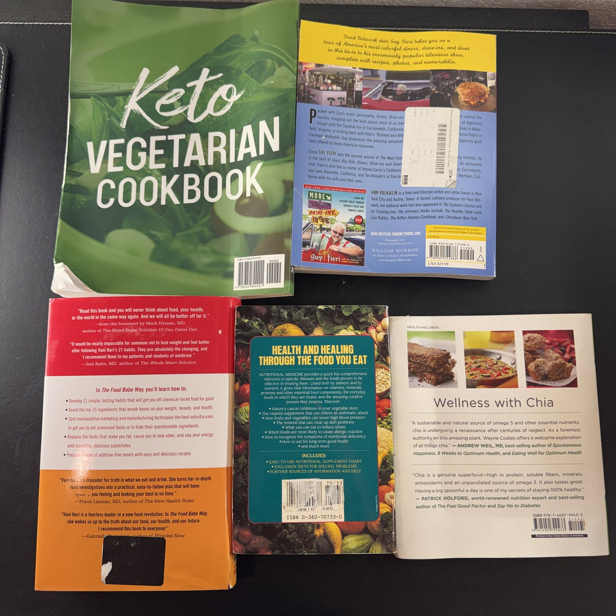 Set of 5 healthy living and recipe books including Guy Fieri Diners Drive-Ins and Dives paperback