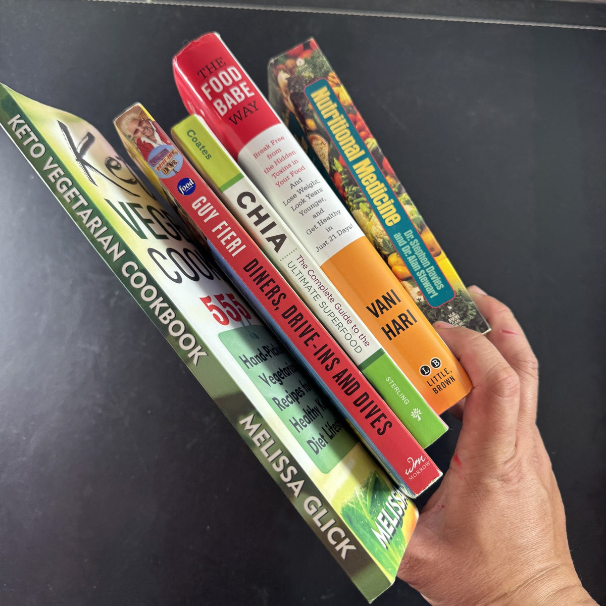 Set of 5 healthy living and recipe books including Guy Fieri Diners Drive-Ins and Dives paperback