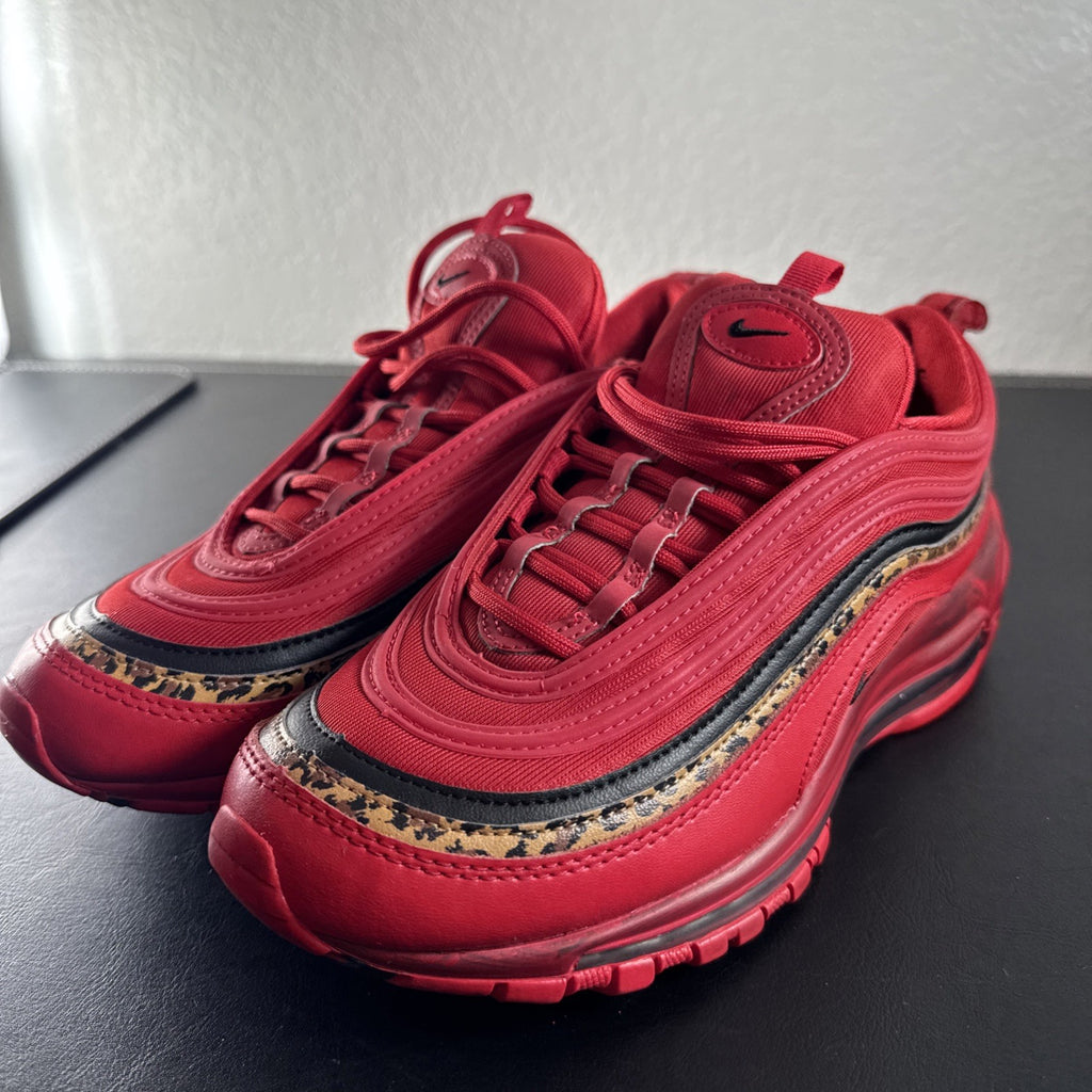 Nike Air Max 97 Leopard Pack red sneakers in women's size 8 showing low-top synthetic upper and outsole detail