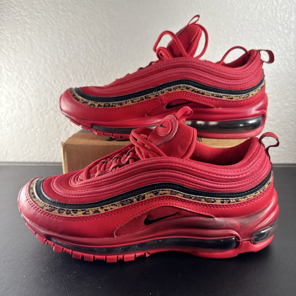 Nike Air Max 97 Leopard Pack red sneakers in women's size 8 showing low-top synthetic upper and outsole detail