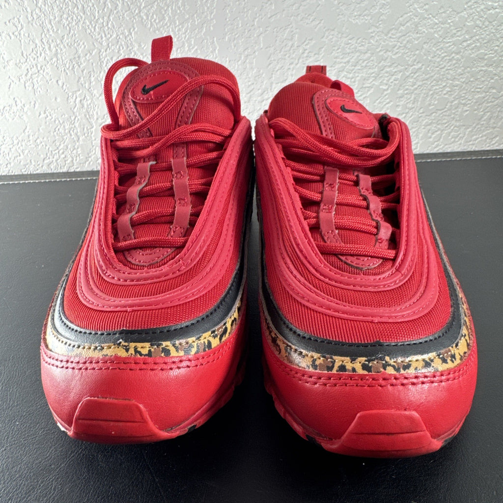Nike Air Max 97 Leopard Pack red sneakers in women's size 8 showing low-top synthetic upper and outsole detail