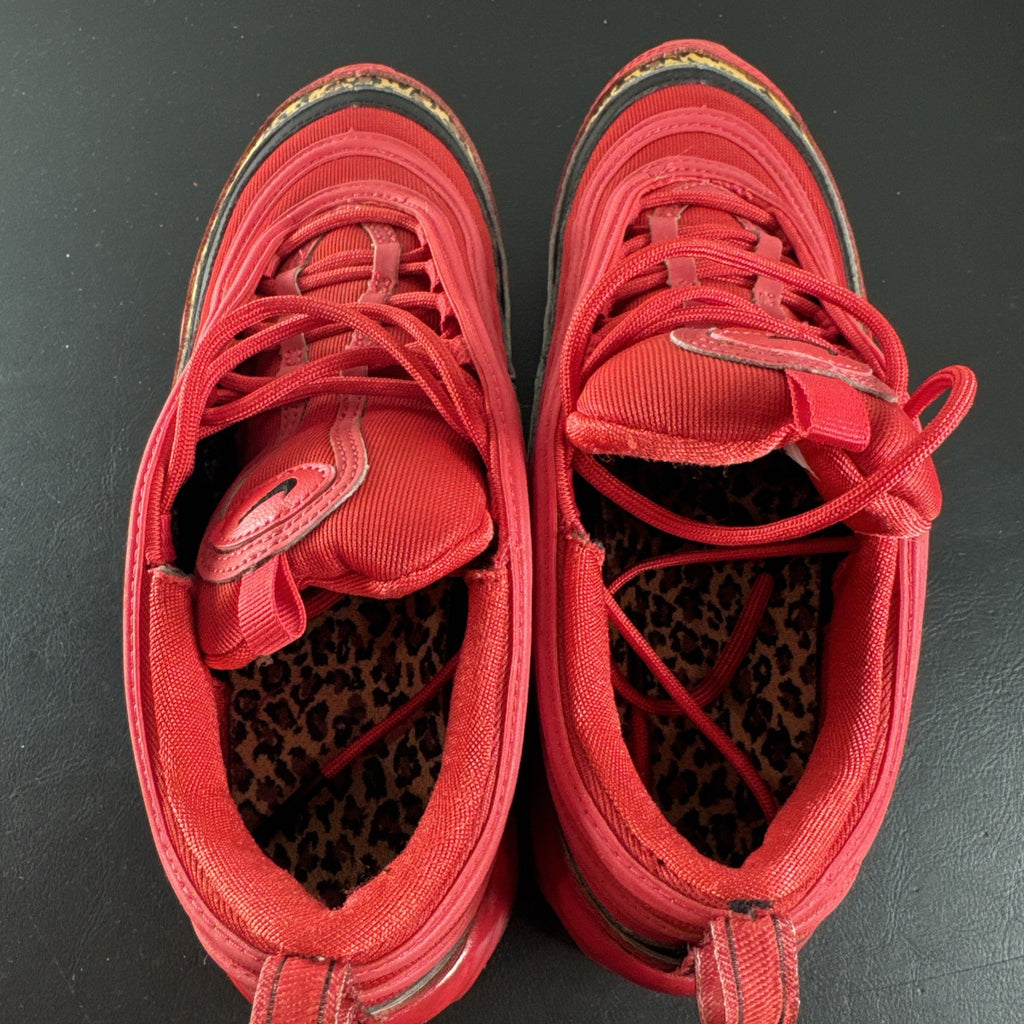 Nike Air Max 97 Leopard Pack red sneakers in women's size 8 showing low-top synthetic upper and outsole detail