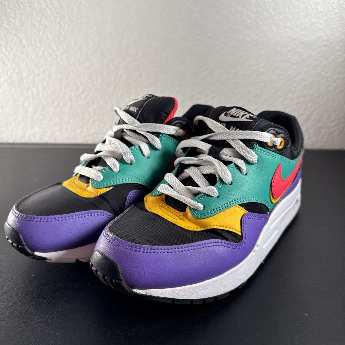 Nike Air Max 1 GS multicolor colorblock athletic sneakers in black, youth size 6Y and women's size 7.5