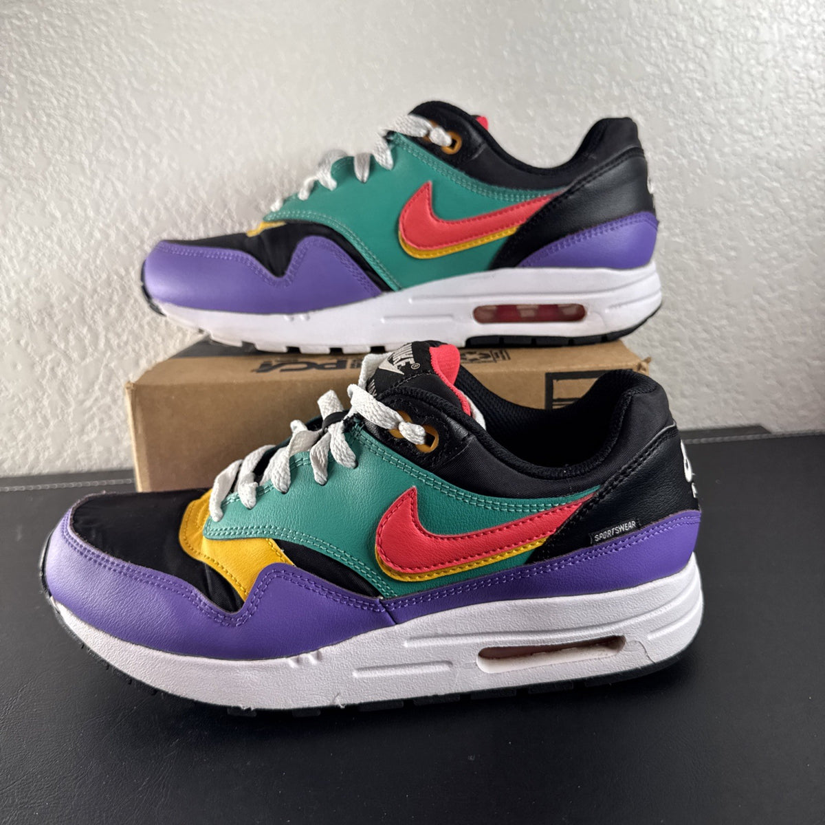 Nike Air Max 1 GS multicolor colorblock athletic sneakers in black, youth size 6Y and women's size 7.5