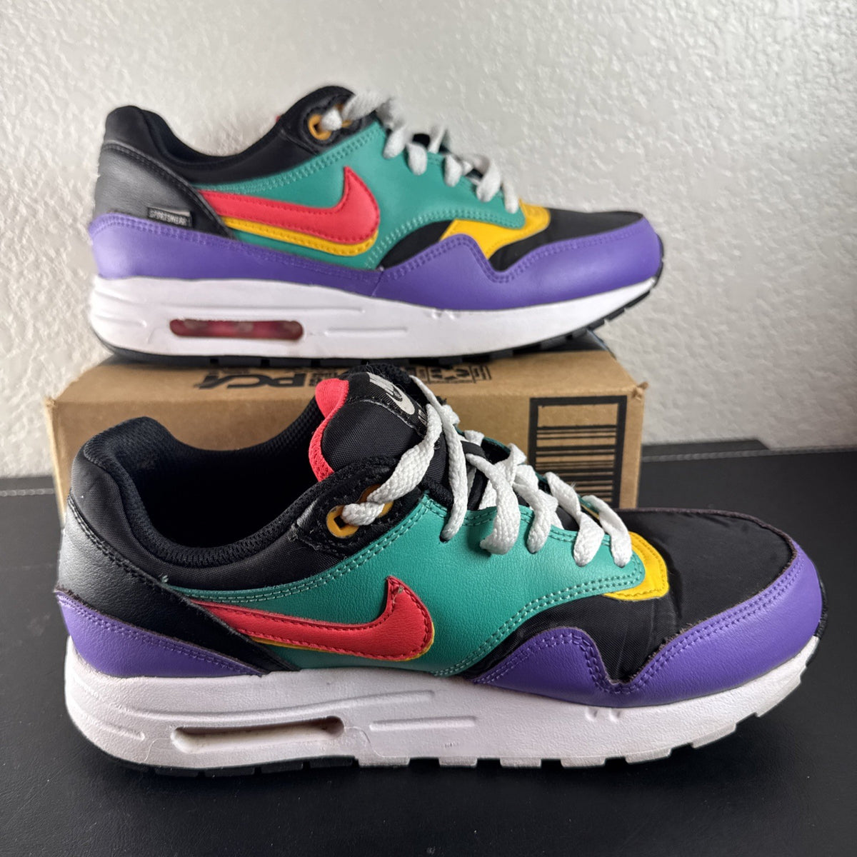 Nike Air Max 1 GS multicolor colorblock athletic sneakers in black, youth size 6Y and women's size 7.5