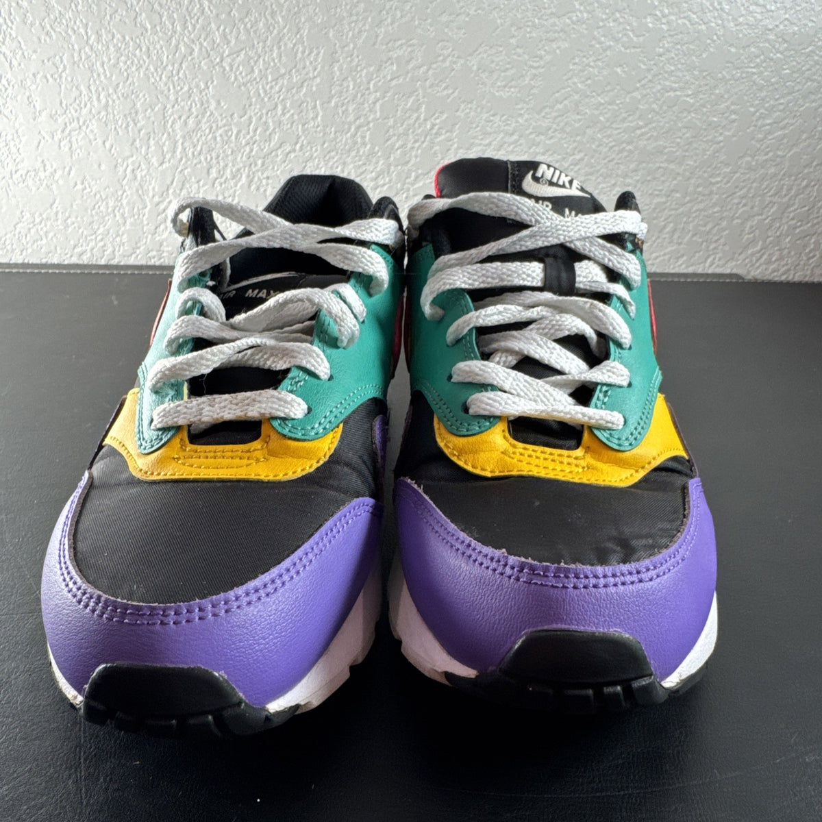 Nike Air Max 1 GS multicolor colorblock athletic sneakers in black, youth size 6Y and women's size 7.5