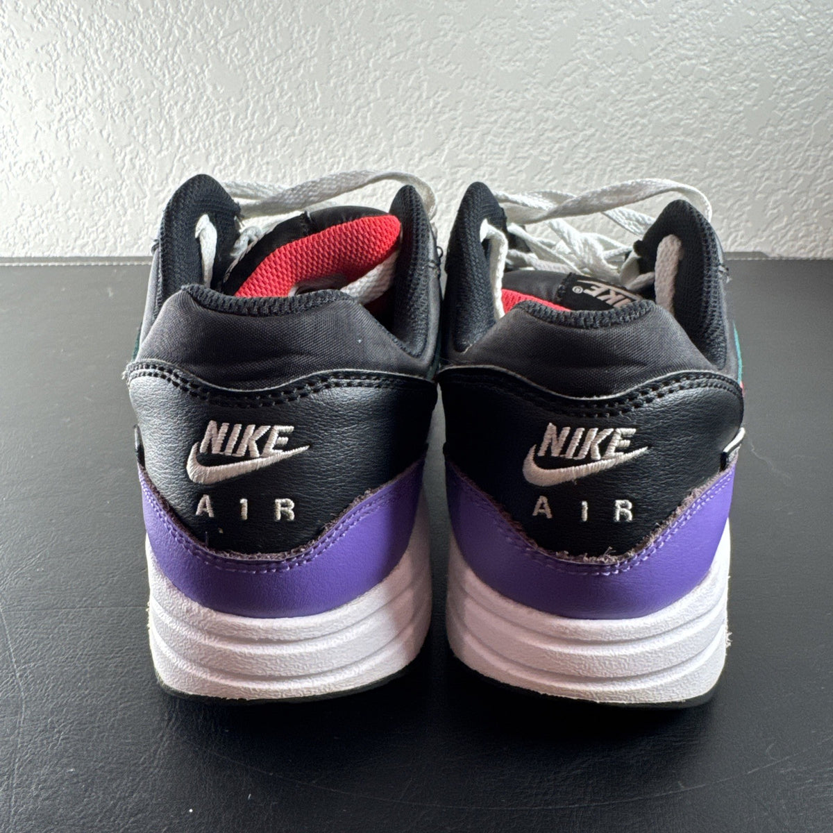 Nike Air Max 1 GS multicolor colorblock athletic sneakers in black, youth size 6Y and women's size 7.5