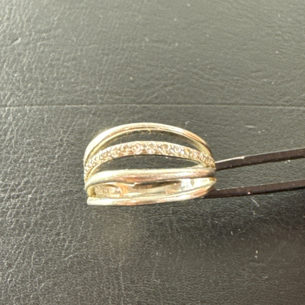 Sterling silver multi-row crossover ring with natural white zircon and diamond accents, size 7