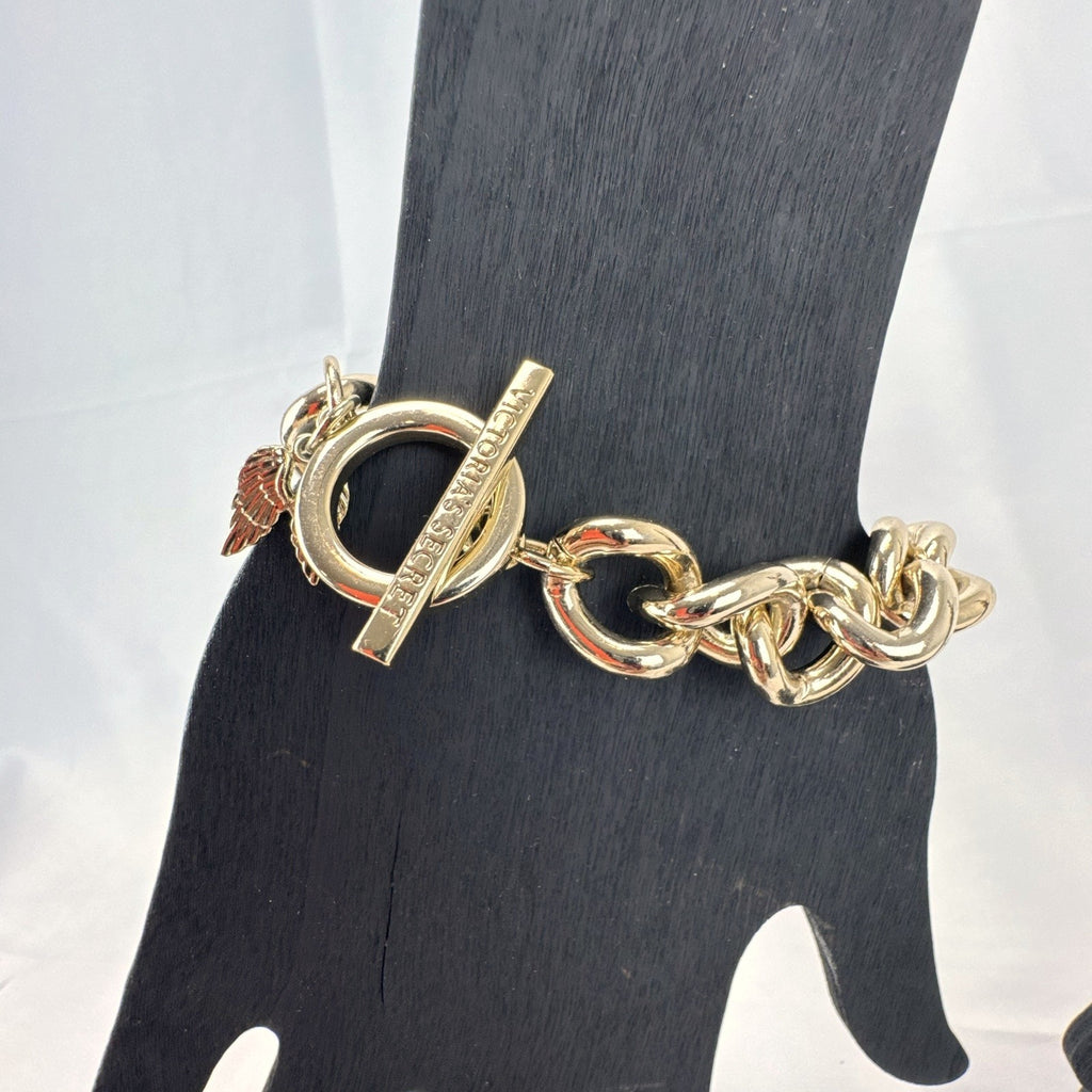 Victoria's Secret rose gold chain bracelet bundle featuring pavé rhinestone angel wings and toggle clasps