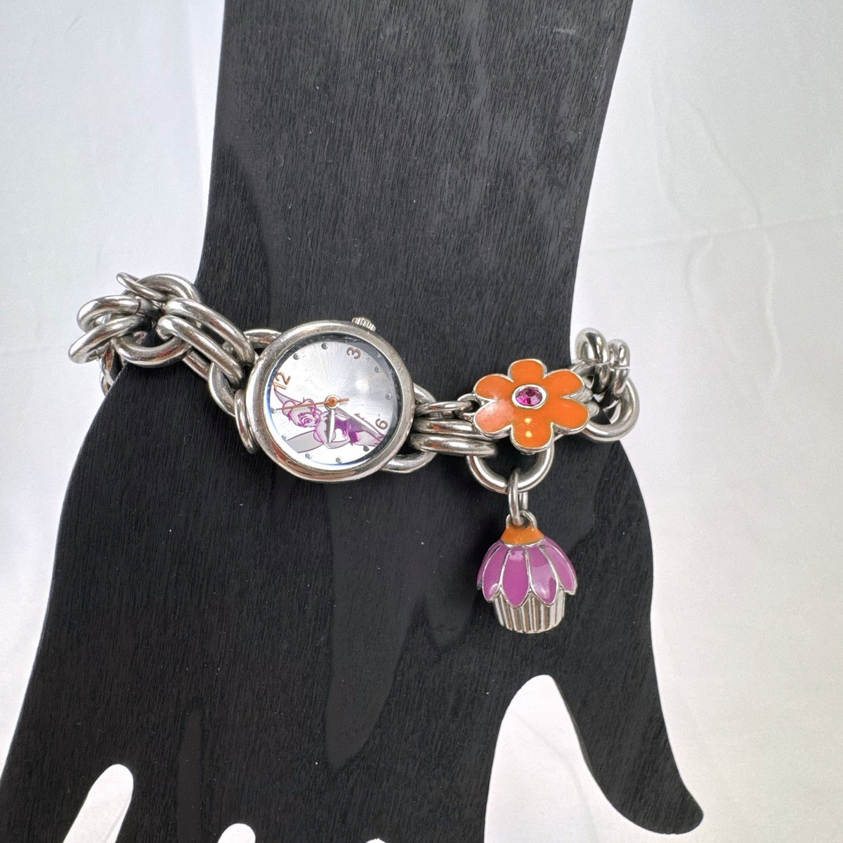 Disney Tinker Bell silver-tone charm bracelet watch with enamel cupcake and flower charms