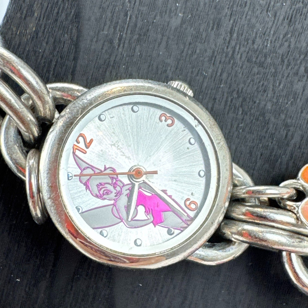 Disney Tinker Bell silver-tone charm bracelet watch with enamel cupcake and flower charms