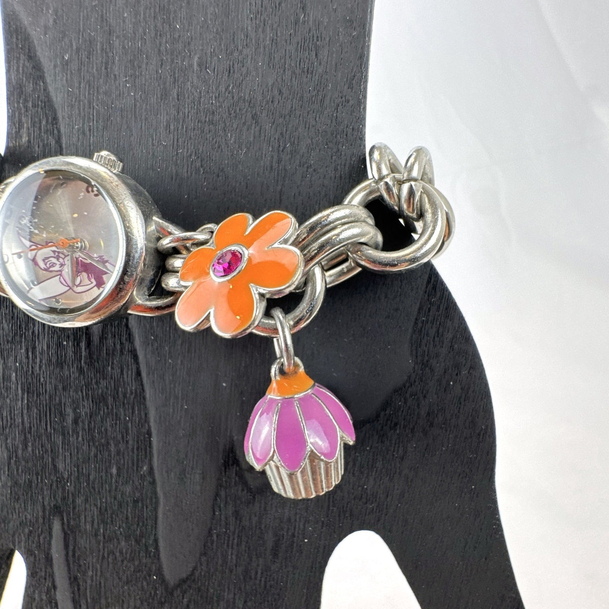 Disney Tinker Bell silver-tone charm bracelet watch with enamel cupcake and flower charms