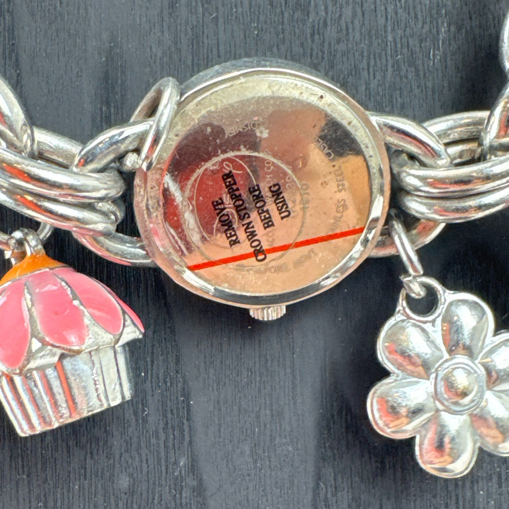 Disney Tinker Bell silver-tone charm bracelet watch with enamel cupcake and flower charms