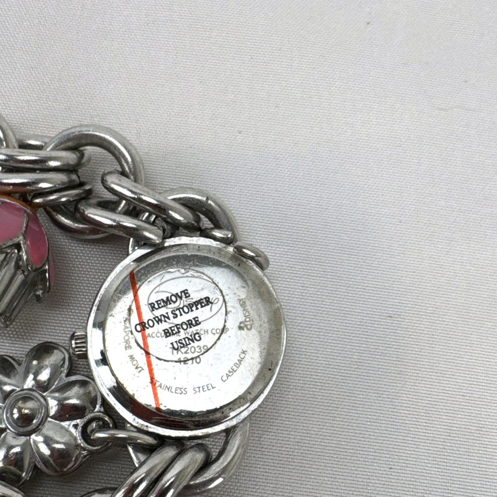Disney Tinker Bell silver-tone charm bracelet watch with enamel cupcake and flower charms