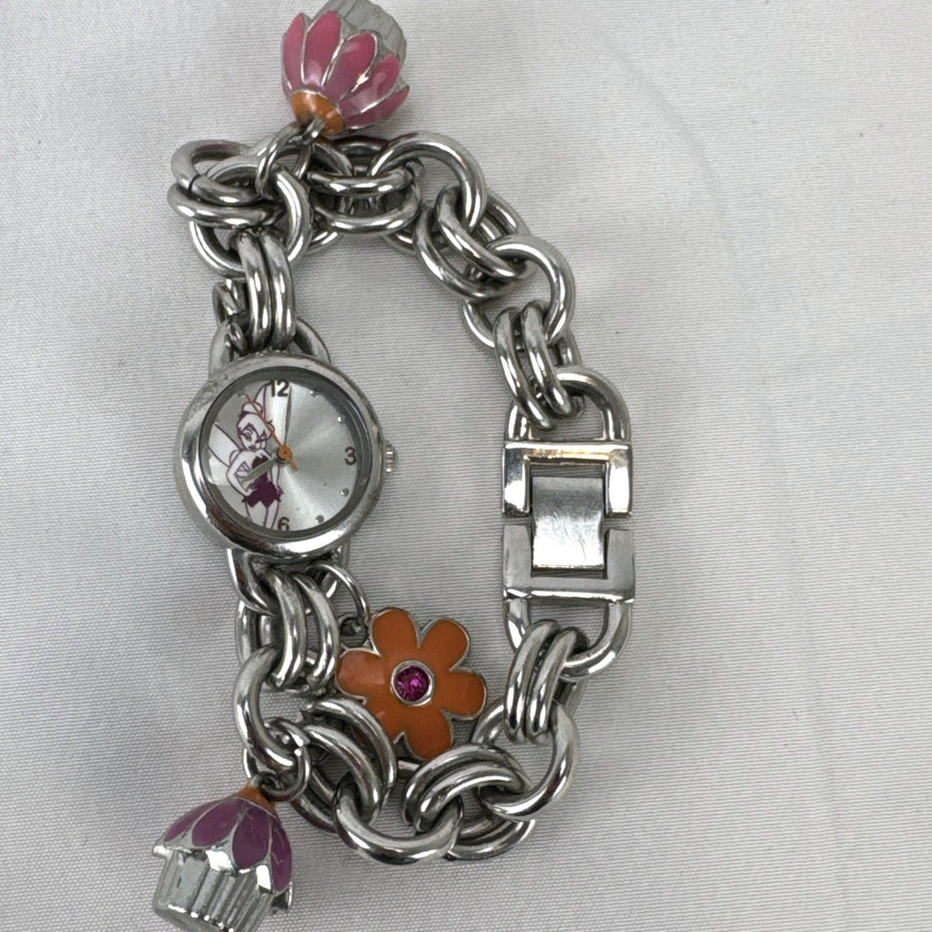 Disney Tinker Bell silver-tone charm bracelet watch with enamel cupcake and flower charms