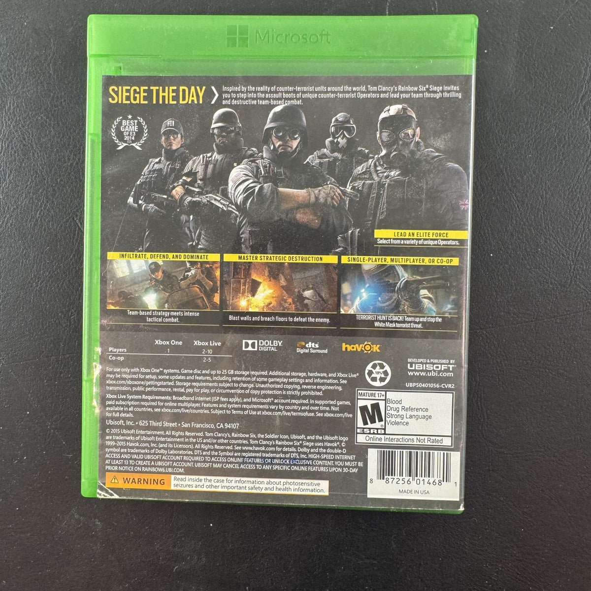 Tom Clancy's Rainbow Six Siege Microsoft Xbox One game case and disc in very good condition.