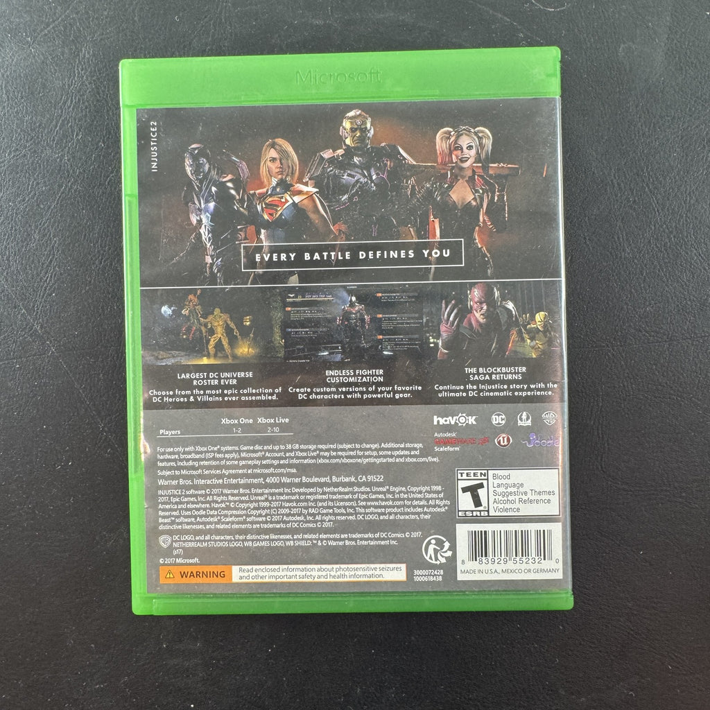 Injustice 2 Xbox One video game disc in its original case published by Warner Bros