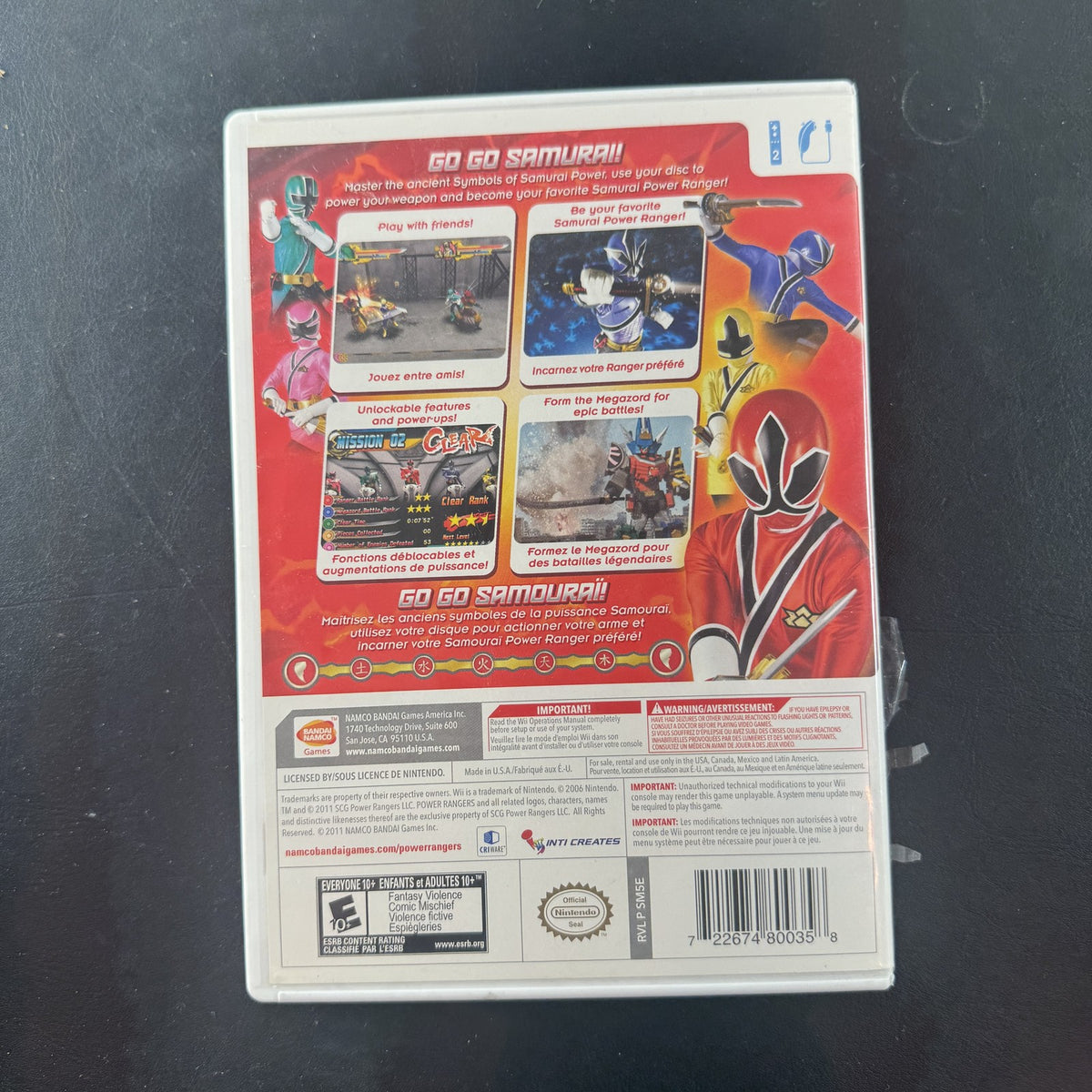 Saban's Power Rangers Samurai Nintendo Wii game disc and case by Namco Bandai